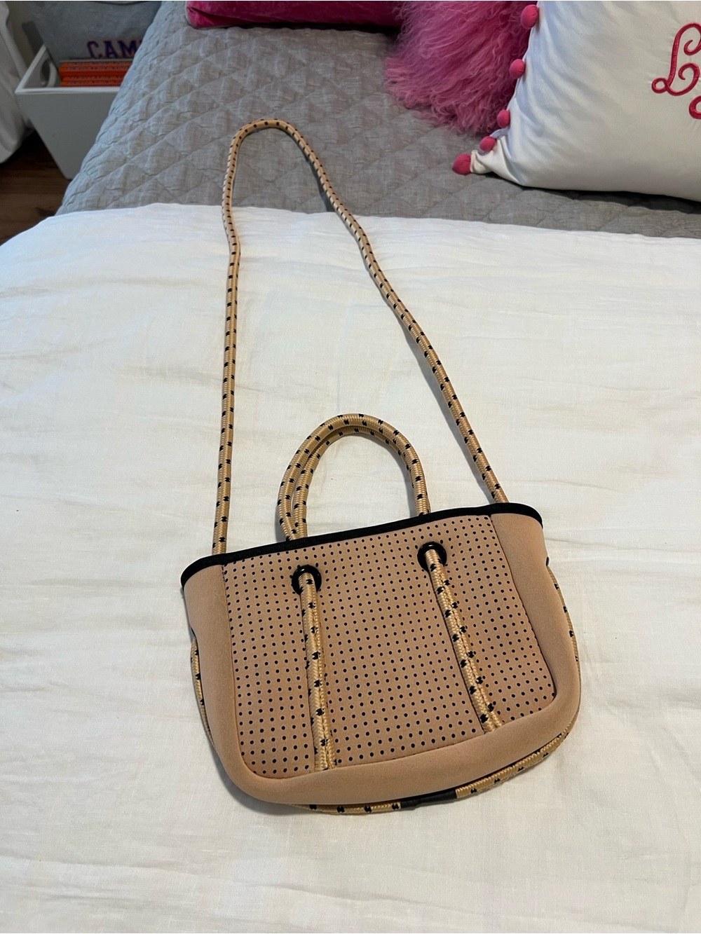 Beige Perforated Crossbody Tote Bag